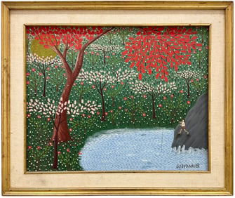 GIOVANNI (20th c, Brazilian) "Pescador 1981" Naive Landscape With Fisherman