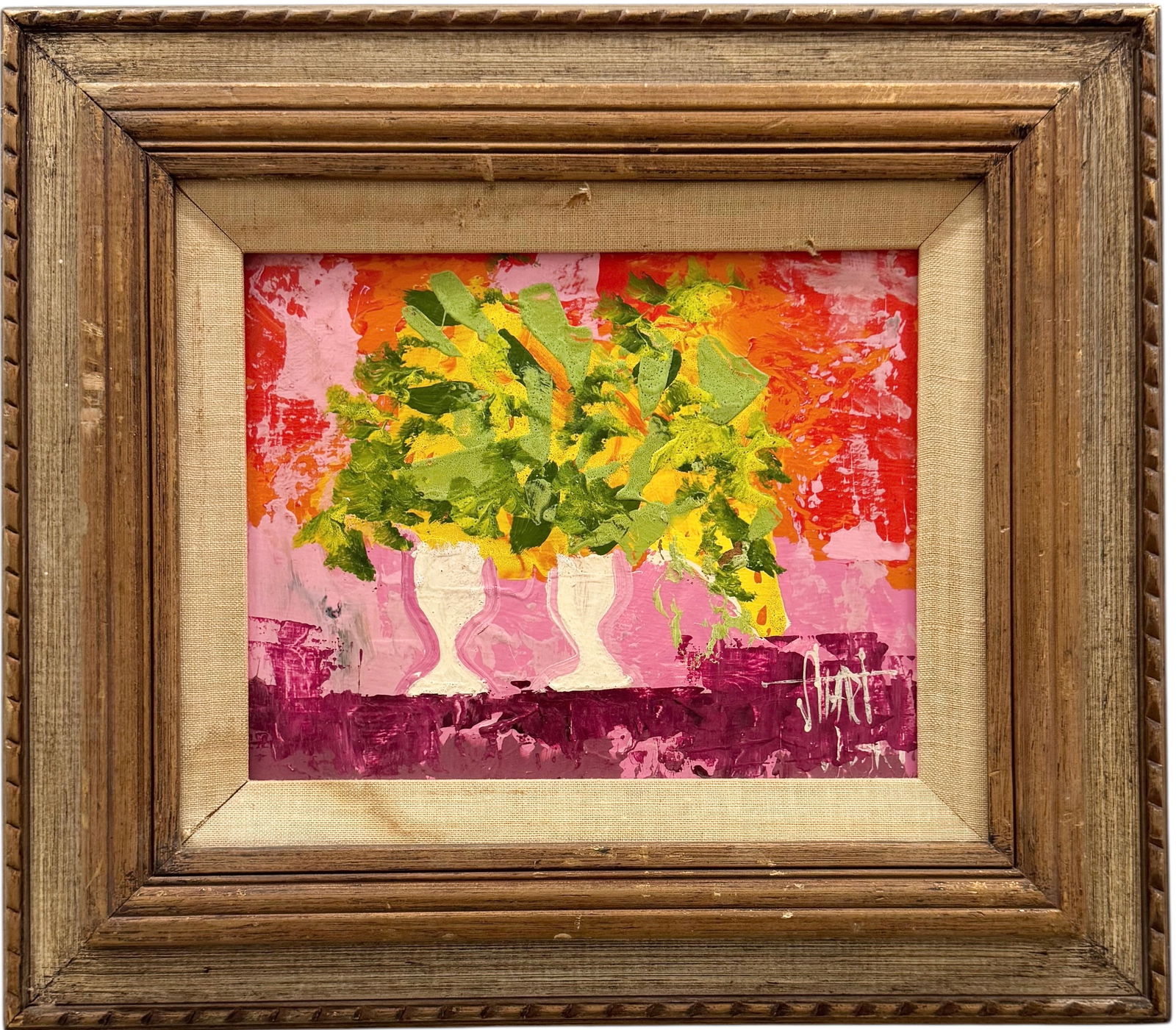 Colorful Mid-Century Modern Still Life Of Flowers Signed Stuart Oil Painting 1967: Oil on board 8 x 10 in, 15 x 17 in (framed). Domestic Flat Shipping Price: $45