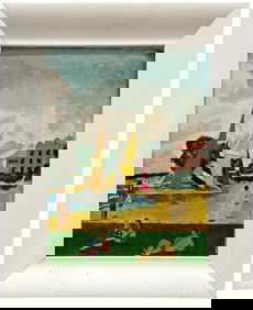 Vintage American School Modernist Harbor Scene Oil Painting