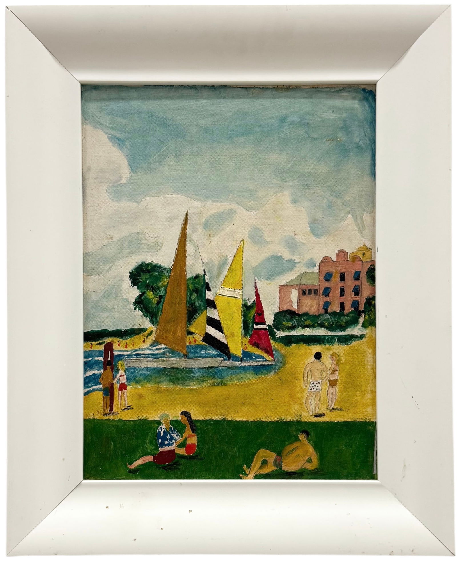 Vintage American School Modernist Harbor Scene Oil Painting (1 of 2)