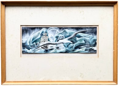 ROBERT RIGER (1924-1995, American)  Arctic Seascape With Ship Illustration 1951