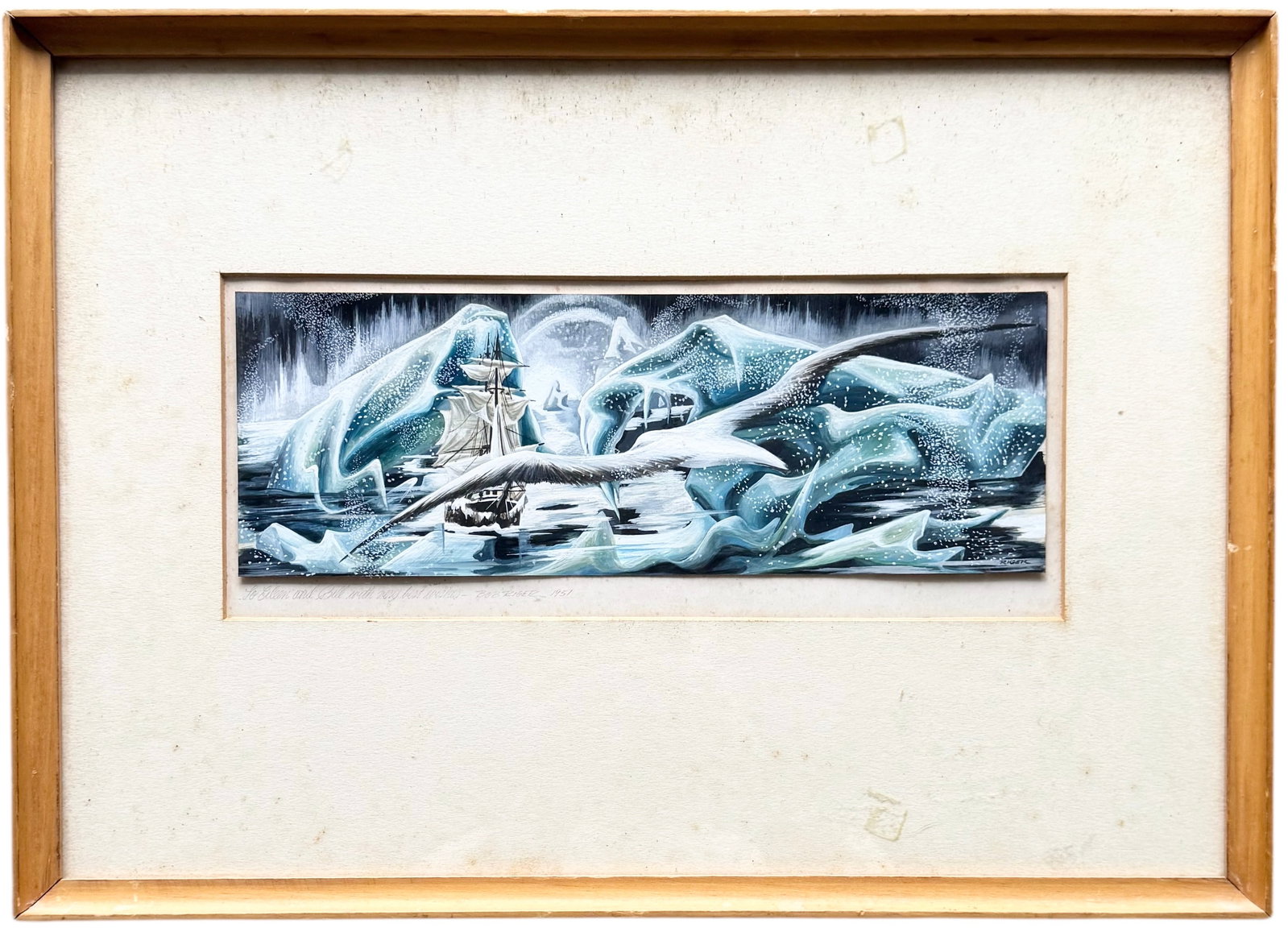 ROBERT RIGER (1924-1995, American) Arctic Seascape With Ship Illustration 1951: Gouache on board 11 1/2 x 4 1/2 in, 17 3/4 x 13 3/4 in (framed). Domestic Flat Shipping Price: $45