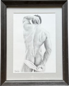 Nicely Framed Nude Male Figural Graphite Signed Drawing