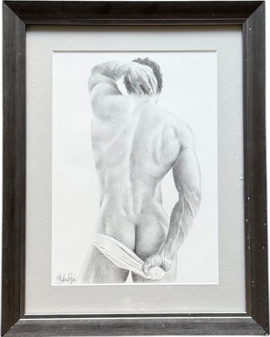 Nicely Framed Nude Male Figural Graphite Signed Drawing: Graphite on paper 16 x 12 in (framed). Domestic Flat Shipping Price: $55