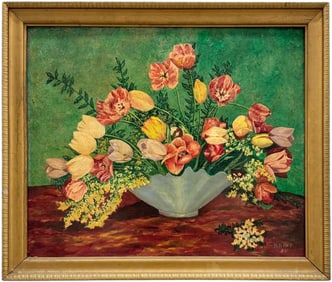 Mid-Century American Still Life Of Flowers In Original Frame Signed & Dated 1954