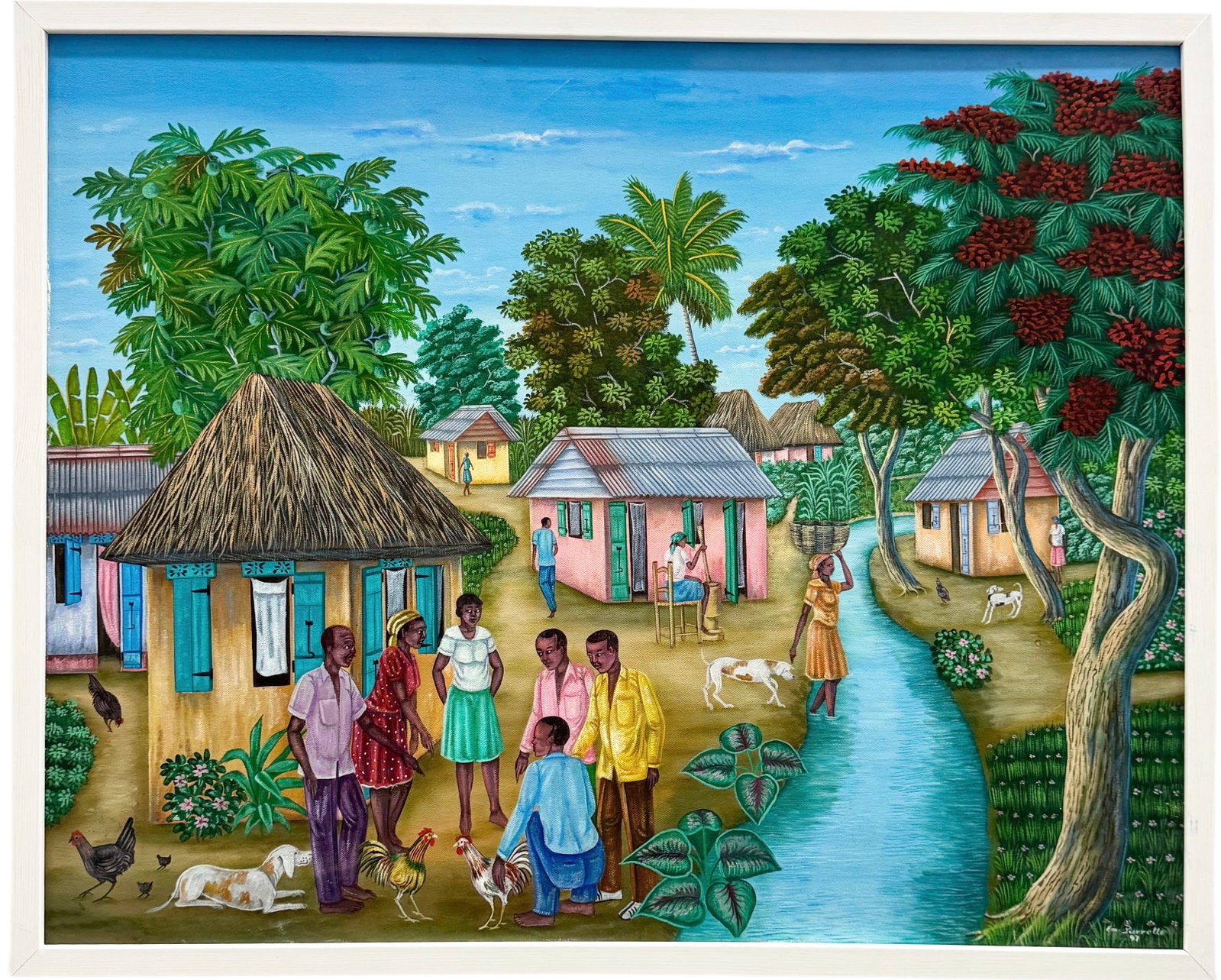 EMMANUEL PIERRETTE (b. 1960, Haitian) Village Scene: Oil on canvas 30 x 24 in, 31 x 25 in (framed). Domestic Flat Shipping Price: $90
