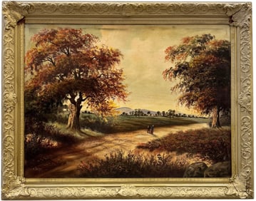 Early 20th Century Continental School Landscape With Figures Signed Oil Painting