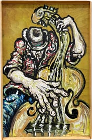 Vintage Expressionist Smoking Guitar Player Oil Painting On Wood