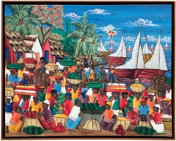 ALFRED MICHEL JR (20th c, Haitian) Harbor Scene With Boats