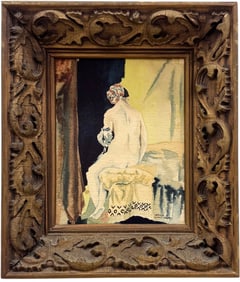 Nicely Framed Seated Interior Nude Watercolor Signed Painting