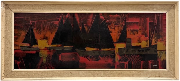 Large Mid-Century Modern American School Abstract With Boats Signed Painting