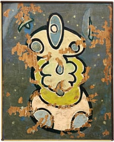 "Object In Space" Mid-Century Modern Signed Distressed Abstract Painting