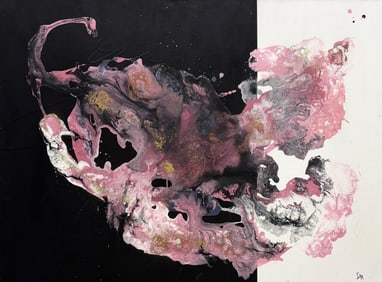 Large Vintage Abstract Expressionist Black Pink White Painting Signed Verso