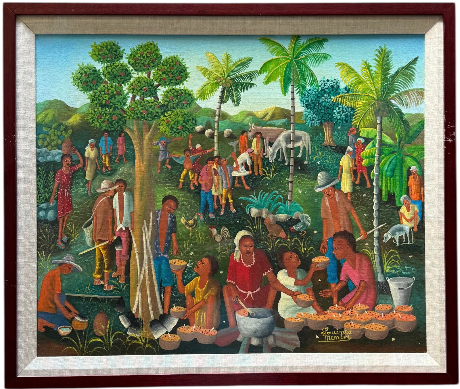 LOUINES MENTOR (b. 1936, Haitian) Village Scene: Oil on canvas 24 x 20 in, 27 x 23 in (framed). Domestic Flat Shipping Price: $80