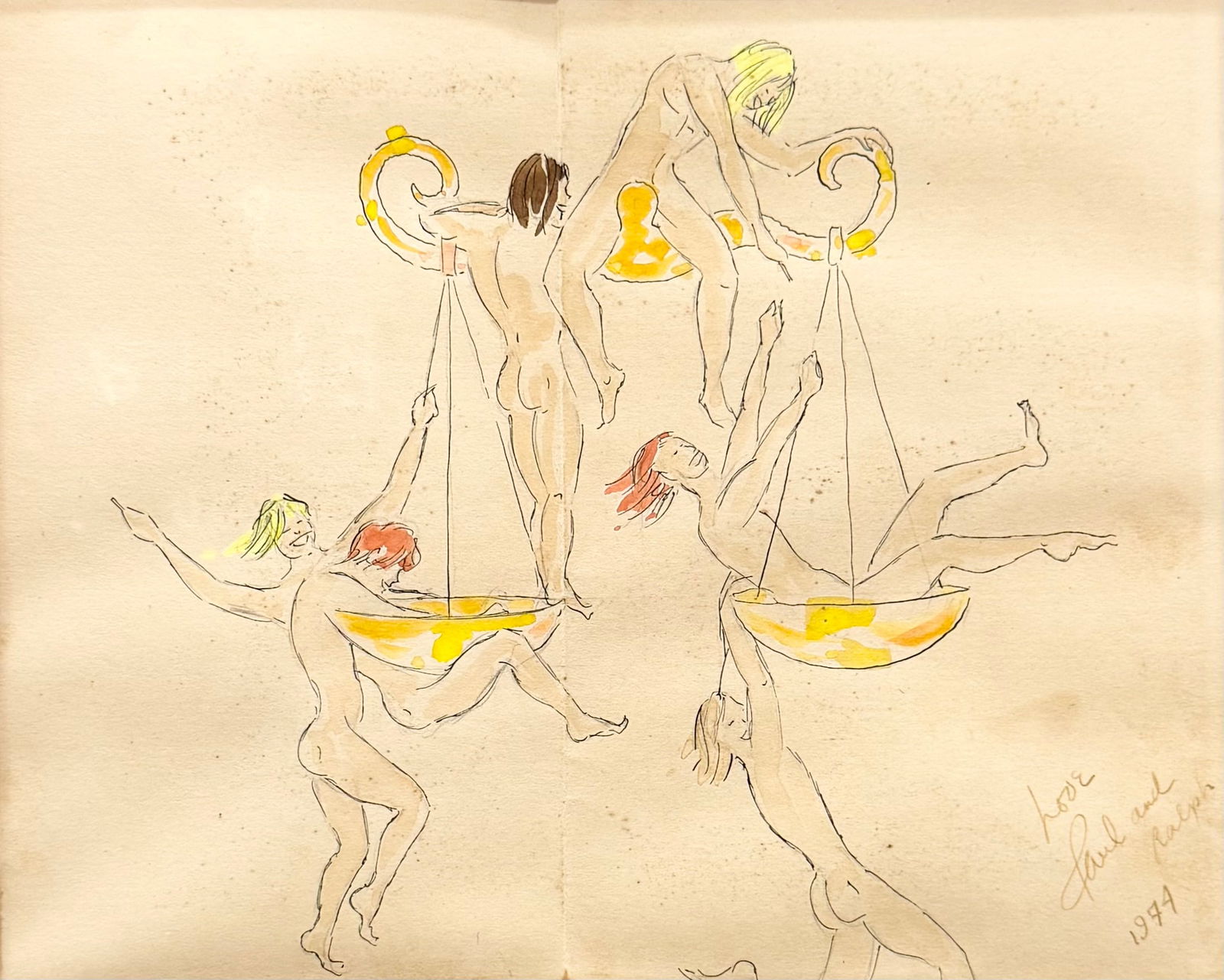 RALPH HODGDON  (1934-2025, American) Frolicking Male Nudes 1974, Birthday Gift (1 of 5)