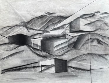 American Modernist Charcoal Drawing Abstract Landscape Signed Butler 1982