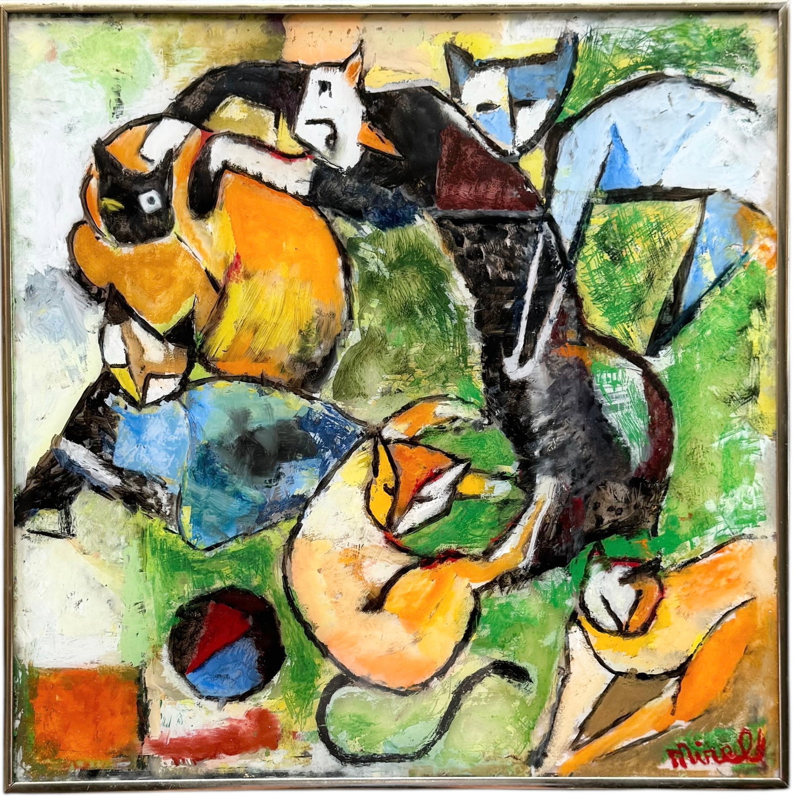 Signed Reverse Painted Abstract With Cats: Reverse painted. Size 18 x 18 in. Domestic Flat Shipping Price: $65