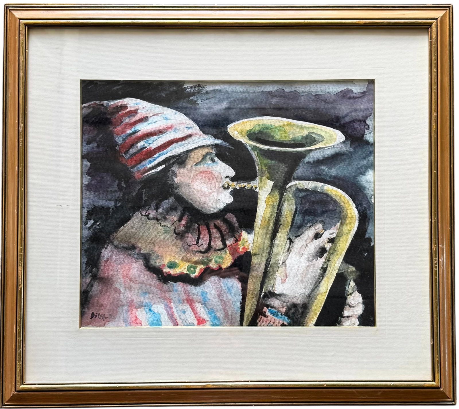 Latin American Modernist Watercolor Of A Figure Playing A Trumpet Signed Silva: Watercolor 17 1/4 x 14 1/2 in, 27 x 24 in (framed). Domestic Flat Shipping Price: $70