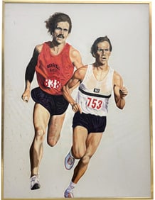 Large Vintage American Oil Painting Running Portrait Of Steve Prefontaine