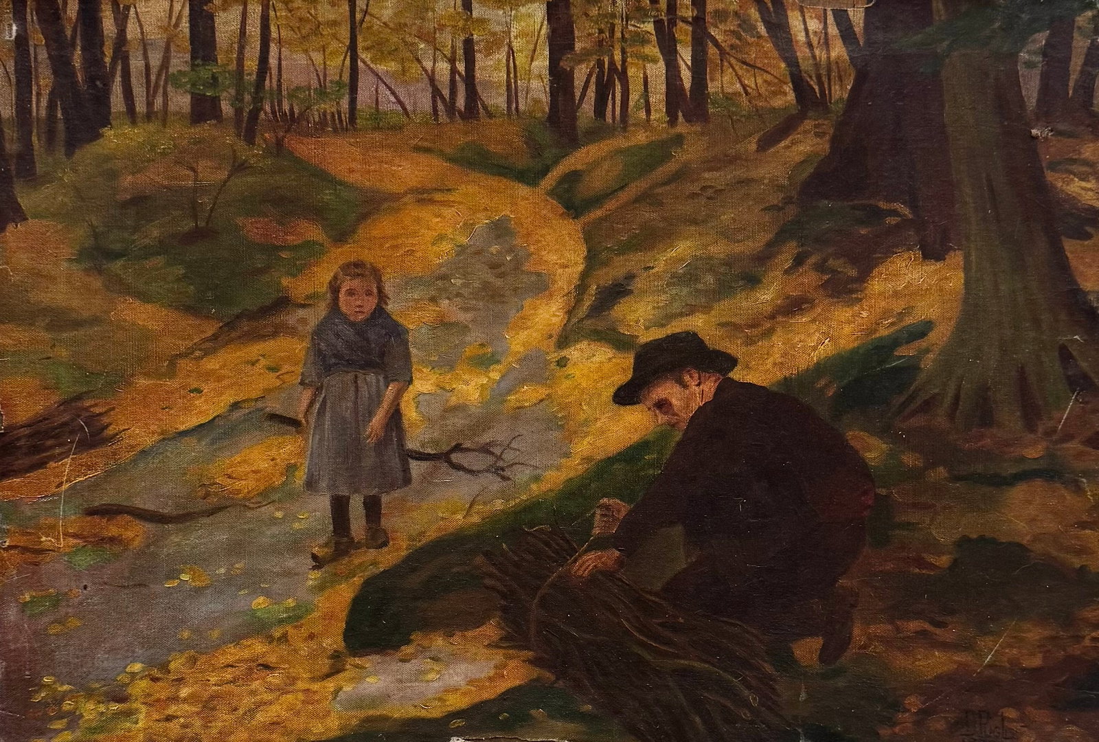 Early 20th Century Scene Of Father & Daughter Collecting Fire Wood Dated 1923: Oil on canvas 29 x 20 in. Domestic Flat Shipping Price: $80