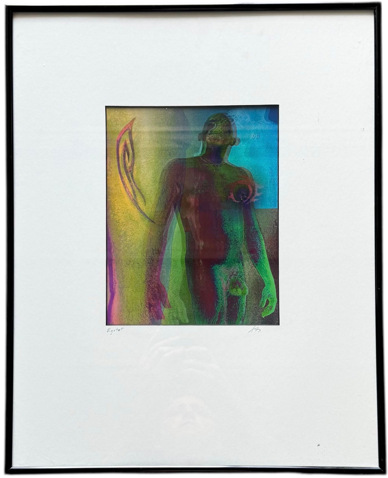 Signed Contemporary Mixed Media Male Nude Abstract "Egotat": 9 1/2 x 7 1/2 in, 20 x 16 in (framed). Domestic Flat Shipping Price: $55
