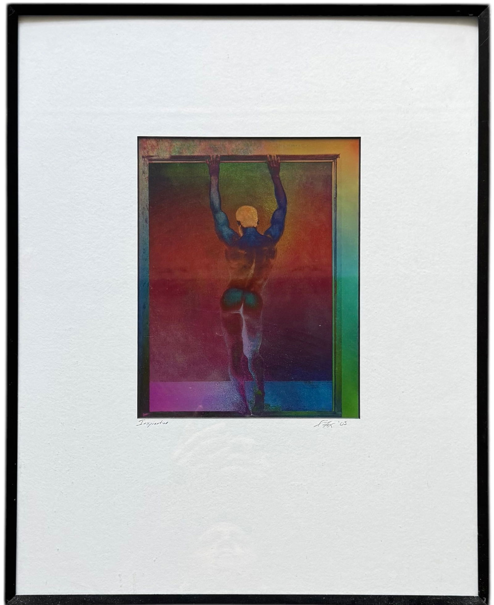 Signed Contemporary Mixed Media Male Nude Abstract "Inspiration": 9 1/2 x 7 1/2 in, 20 x 16 in (framed). Domestic Flat Shipping Price: $55