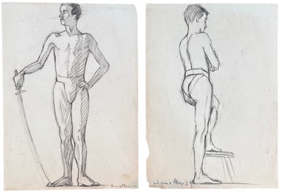 Pair Of American 1920's Male Figural Graphite Drawing Studies Signed Hume
