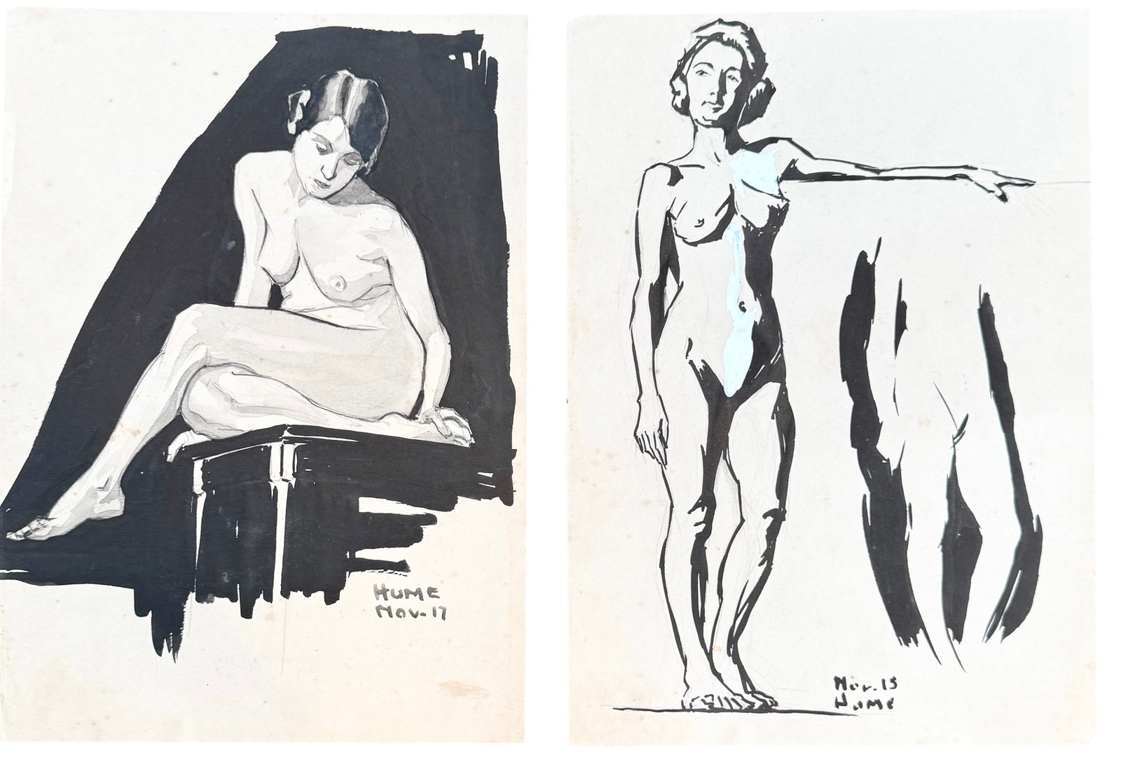 Pair Of American 1910's Nude Female Watercolor & Graphite Studies Signed Hume: 14 x 10 in. Domestic Flat Shipping Price: $35