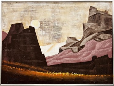 Vintage American Modernist Moonlit Southwestern Landscape Oil Painting