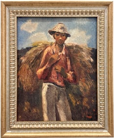 20th Century Filipino Modernist Portrait Of A Field Work Signed Oil Painting