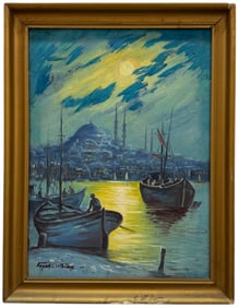 Istanbul At Night Harbor Scene Signed Tonalist Oil Painting