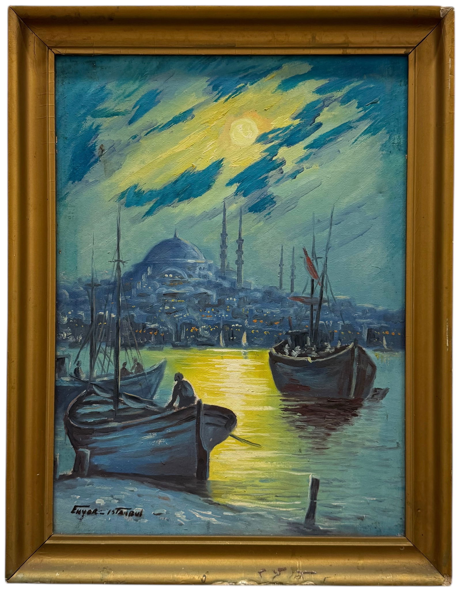 Istanbul At Night Harbor Scene Signed Tonalist Oil Painting (1 of 3)