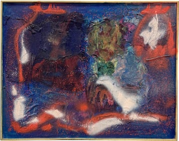 Mid-Century American Abstract Expressionist Oil Painting & Collage Signed Verso