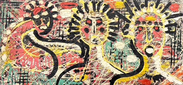 Neo Expressionist Outsider Art Of Figures Signed Verso