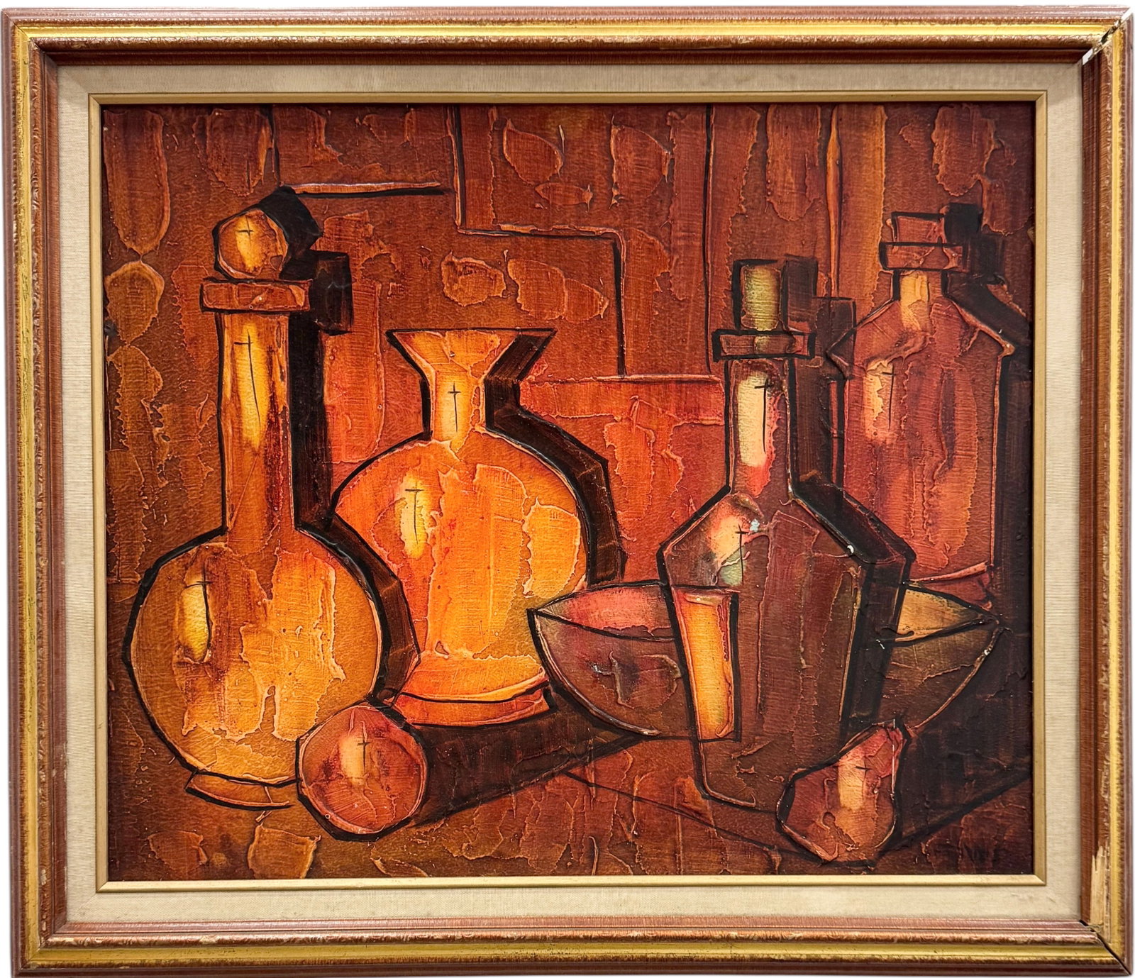 Vintage American Modernist Still Life Of Bottles Signed Oil Painting On Canvas: Oil on canvas 24 x 20 in, 29 x 25 in (framed). Domestic Flat Shipping Price: $80