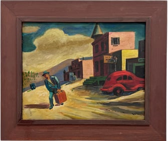 1930's American WPA Regionalist Small Town Street Scene Oil Painting On Board