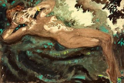 Vintage Art Deco Atmospheric Reclining Female Nude Watercolor