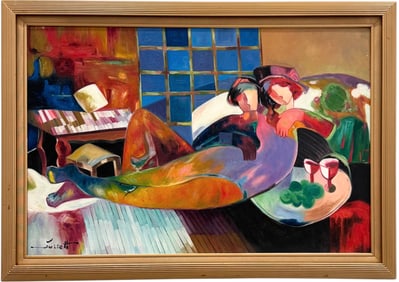 American Modernist Interior Scene Of Reclined Lovers Signed Oil Painting