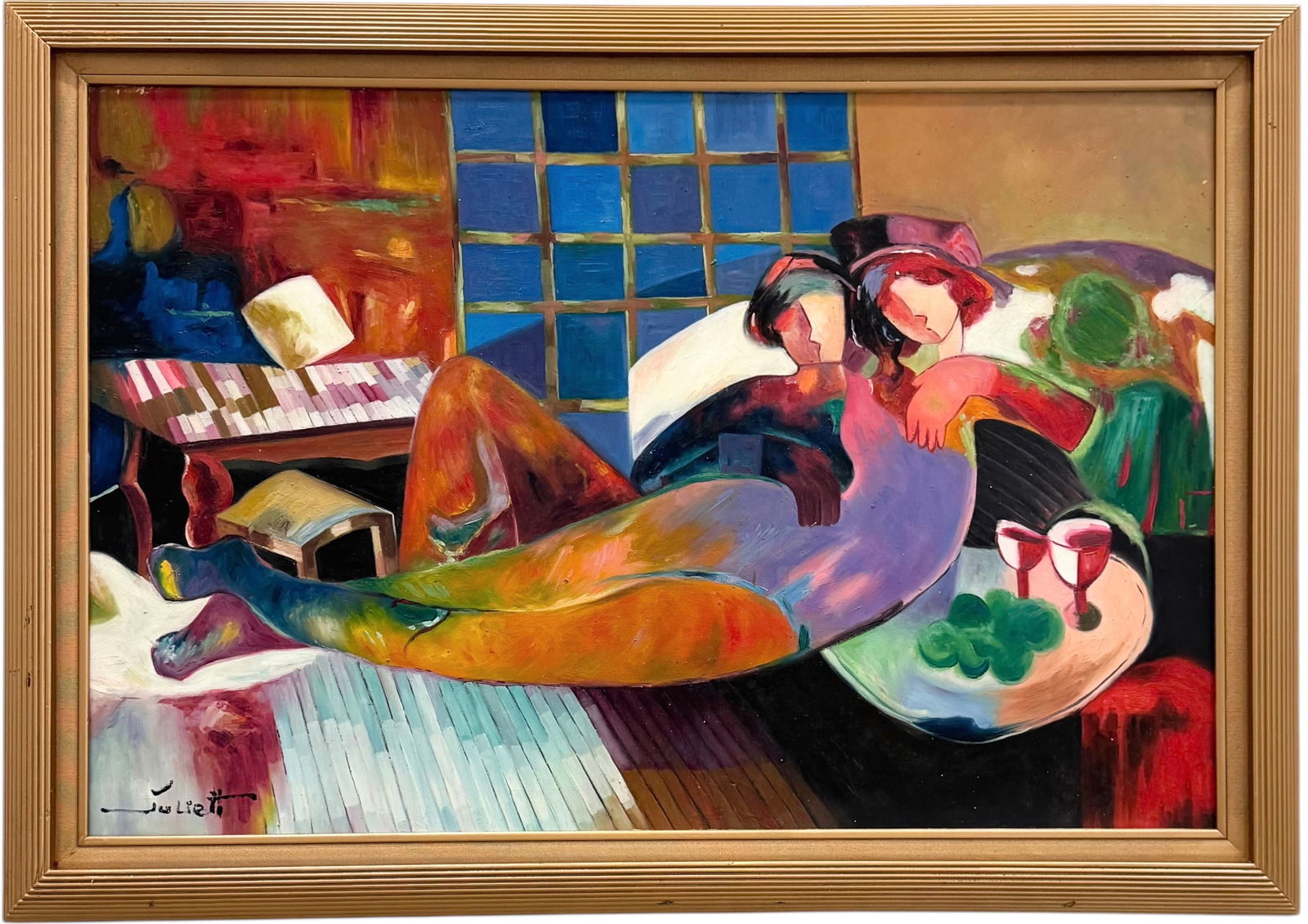 American Modernist Interior Scene Of Reclined Lovers Signed Oil Painting (1 of 3)
