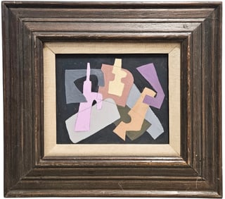 Modern French School Cubist Abstract Painting Writing Verso