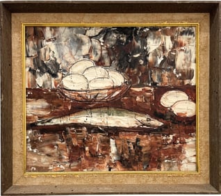 Vintage American School Fish & Eggs Modernist Still Life Signed Oil Painting