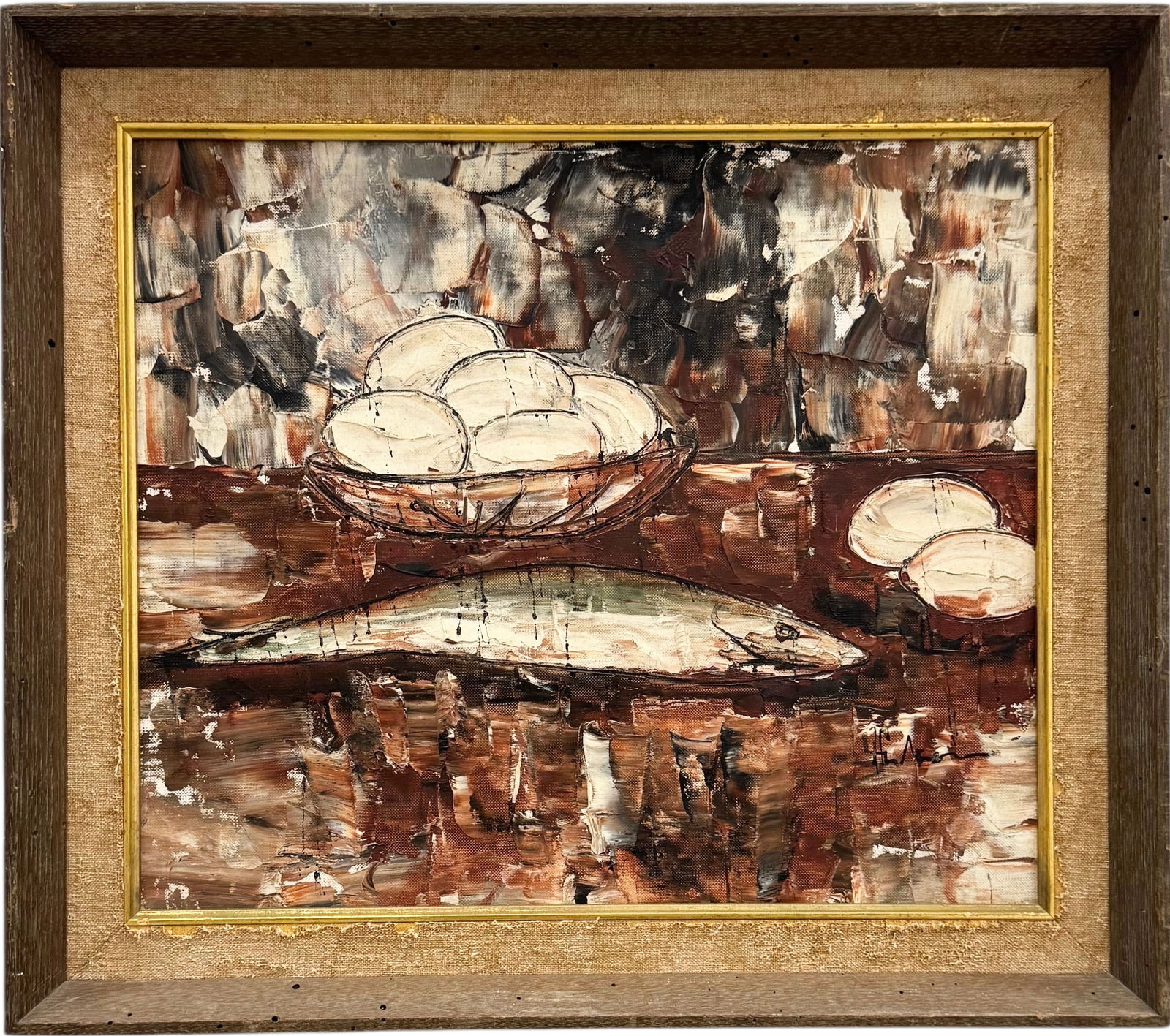 Vintage American School Fish & Eggs Modernist Still Life Signed Oil Painting (1 of 3)