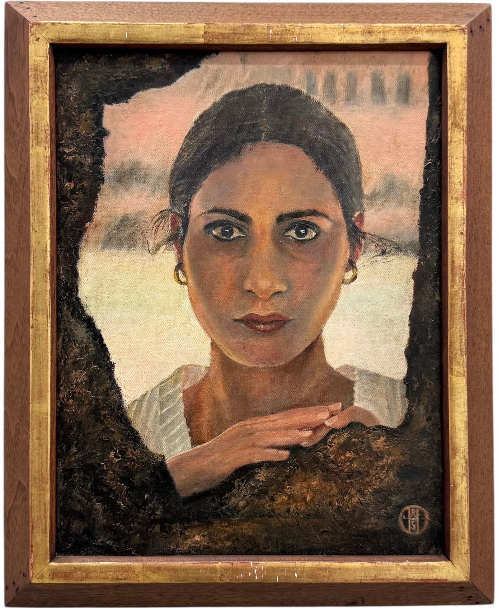 Israeli Modernist Portrait Of A Woman "The Girl Sabra" Signed With Monogram: Oil on canvas 18 x 14 in, 21 x 17 in (framed). Domestic Flat Shipping Price: $55