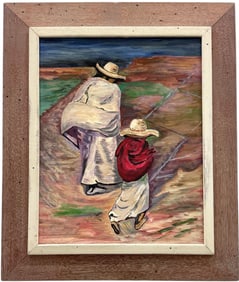Mexican School Modernist Figures In Landscape On On Canvas Board