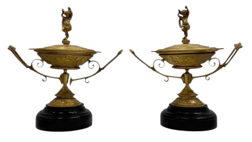 Pair Of Antique French Neoclassical Gilt Bronze And Marble Urns