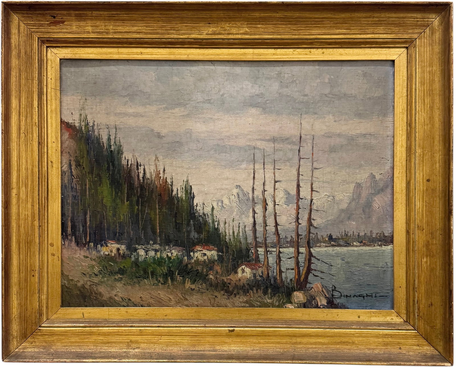 LUIGI BINAGHI (1890-1978, Italian) Impressionist Lake Scene In The Alps: Oil on board 15 3/4 x 11 3/4 in, 20 x 16 in (framed). Domestic Flat Shipping Price: $55