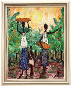 1960's Latin American Modernist Figures In Landscape Signed Nunez