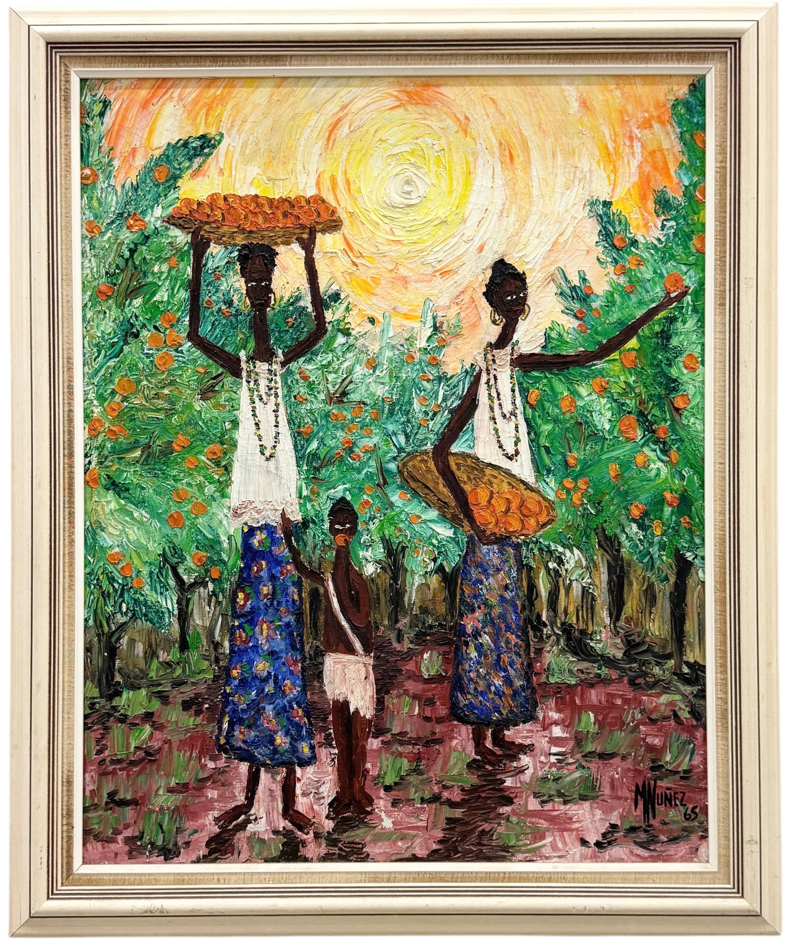 1960's Latin American Modernist Figures In Landscape Signed Nunez: Oil on canvas 30 x 24 in. Domestic Flat Shipping Price: $90