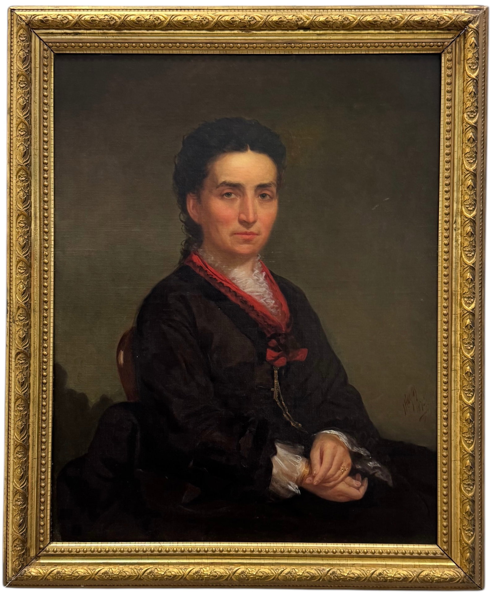19th Century American School Signed Portrait Of A Noble Woman: Oil painting on canvas 34 x 27 in, 40 1/2 x 33 in (framed). Domestic Flat Shipping Price: $120
