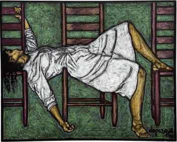 American Modernist  Scene Of A Woman Lying On Chairs Signed Painting